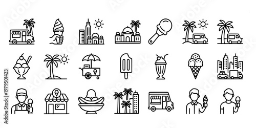icon set collection of summer vacation and ice cream treats including trucks, cones, sundaes, tropical palms, and urban city travel elements.