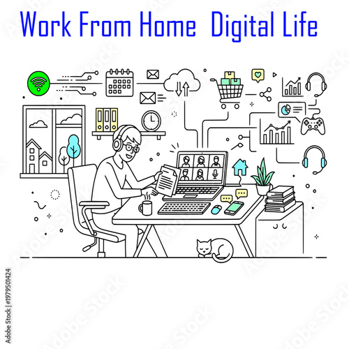 social network concept, vector, computer network concept vector, illustration, work from home digital life
