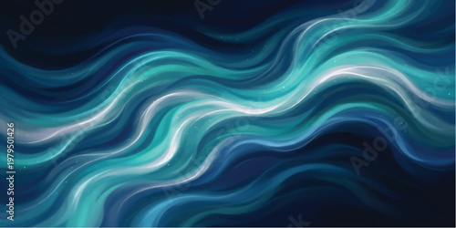 Abstract background featuring flowing liquid waves in shades of deep navy blue and bright cyan with glowing white highlights and soft blurred edges creating a smooth fluid motion effect