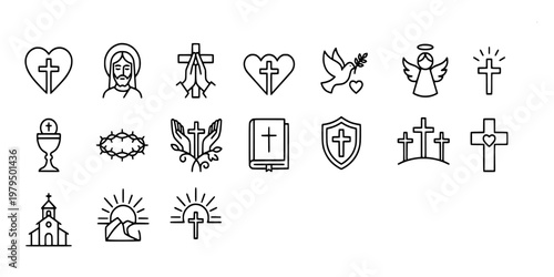 icon set collection of christian religious symbols including crosses, jesus christ, praying hands, bible, church, angel, and holy spirit dove icons.