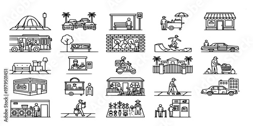icon set collection of urban lifestyle and city services depicting public transport, street food, delivery, shopping, and daily neighborhood activities.