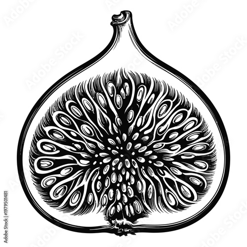 Detailed illustration of a halved fig with intricate internal textures presented as a silhouette