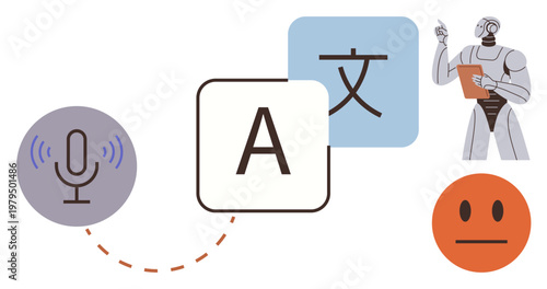 Language learning, AI technology, speech-to-text, cross-cultural communication, education, automation. Microphone, letters robot reading neutral face emotion. Language learning and AI technology