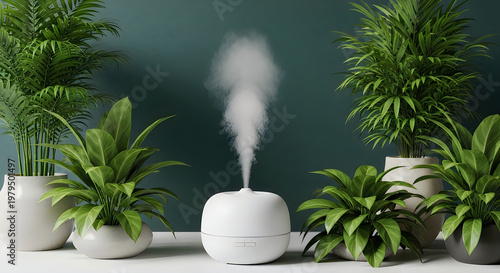 Aesthetic white humidifier surrounded by lush green plants on a white surface