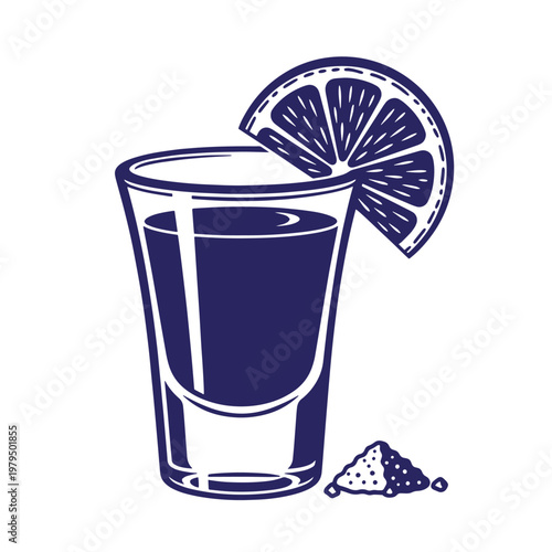 A dark blue of a tequila shot glass filled with liquid, garnished with a citrus slice, and a small pile of salt on the side