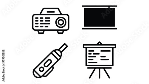 Projector Icons for Presentation Tools: A collection of concise icons representing key tools used in presentations, perfectly illustrating the essence of modern communication and visual aids.