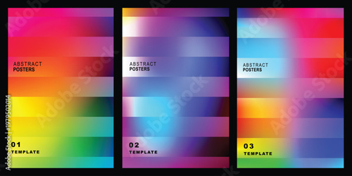 Abstract futuristic poster set with glowing translucent circles. Vibrant mesh gradient backgrounds with blurred neon aura for tech event flyers and modern branding design.