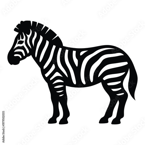 A striking black and white zebra stands proudly in a minimalist graphic silhouette