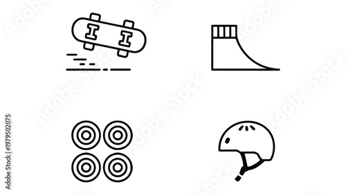 Skateboarding Icons: A collection of minimalist line art icons representing skateboarding elements, showcasing a skateboard, a ramp, wheels, and a helmet.