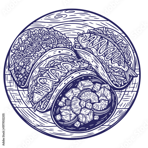 Circular line of three tacos and a bowl of cubed pineapple chunks, dark blue ink on a white background, food themed