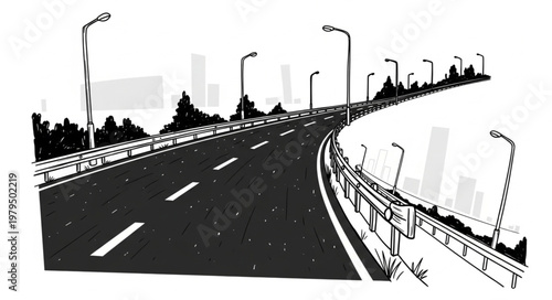 Empty Highway Road with Street Lights and Cityscape Silhouette.