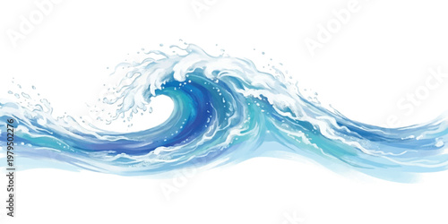 A single crashing ocean wave with white sea foam and swirling blue water currents isolated on a white background in a painterly digital style