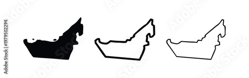 Three maps of the United Arab Emirates: solid, bordered outline, and thin outline.