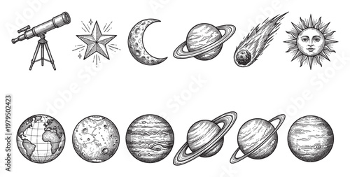 Vintage style line art illustrations of astronomical objects including a telescope, star, crescent moon, planets, comet, and sun with face.