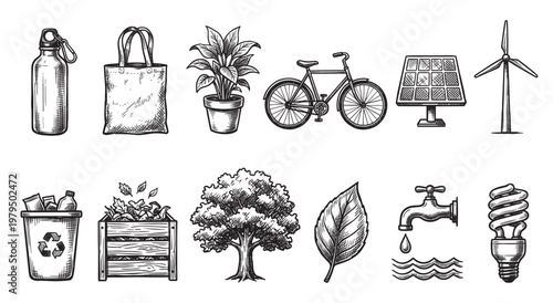 A hand-drawn sketch collection of eco-friendly icons including a water bottle, tote bag, plant, bicycle, solar panel, windmill, recycling bin, compost bin, tree, leaf, water tap and lightbulb.