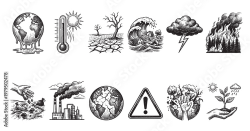 Collection of vintage woodcut style icons depicting various environmental disasters and ecological warnings with a dramatic, hand-drawn feel.