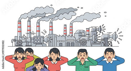Factory pollution and people covering ears.