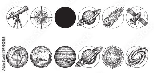 A vintage style illustration collection of astronomical elements including planets, a telescope, a satellite, a comet, the sun, and a galaxy in black and white.