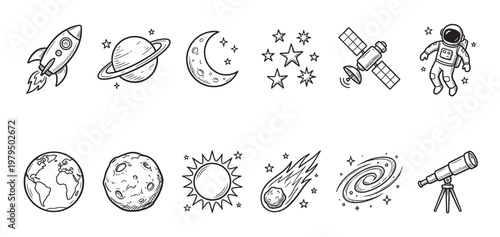 A collection of hand-drawn black and white doodles of space elements including a rocket, planets, moon, astronaut, stars, and a telescope.