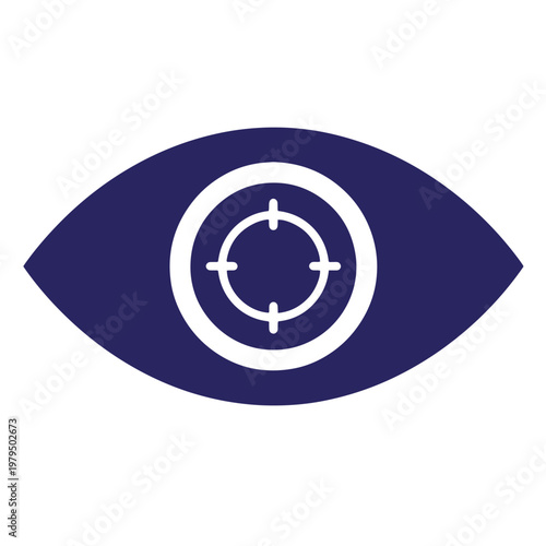 Dark blue eye-shaped featuring a white circular target reticle with crosshairs in the center, isolated on a white background