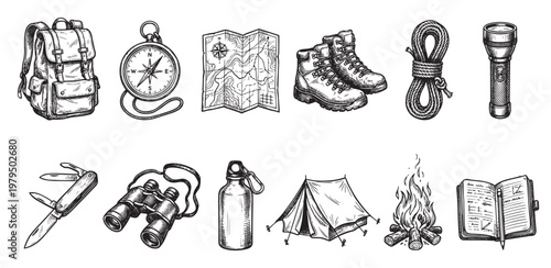 A detailed sketch of various camping and hiking equipment arranged in two rows, perfect for adventure and travel-themed projects.