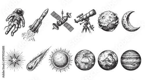A vintage-style collection of hand-drawn space objects including an astronaut, rocket, satellite, planets, telescope, and celestial bodies, perfect for educational or historical themes.