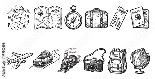 A hand-drawn sketch collection of travel essentials like a road, map, compass, suitcase, tickets, passport, plane, car, train, camera, backpack, and globe.