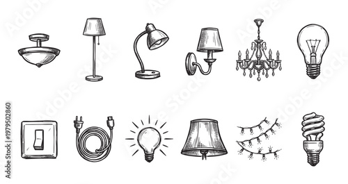 A collection of hand-drawn illustrations featuring various lighting fixtures and electrical components, rendered in a classic sketch style on a white background.