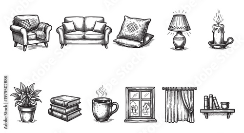 A collection of hand-drawn, black and white sketches depicting cozy home interior elements like furniture, books, and a candle, perfect for illustrating comfort and domesticity.