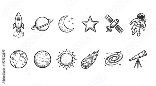 A collection of black and white hand drawn icons representing space objects like planets, rockets, astronauts, and galaxies, perfect for educational or whimsical designs.