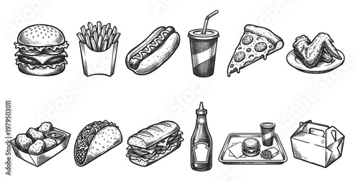 A hand-drawn, sketch-style collection of popular fast food items, including a burger, fries, hot dog, pizza, and more, perfect for menus and advertising.