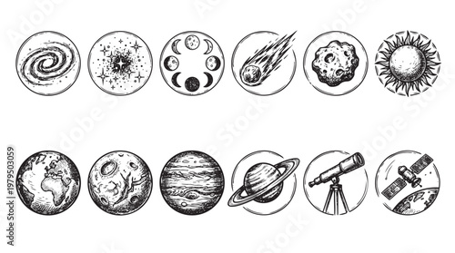 This collection features hand-drawn black and white icons representing various celestial bodies and astronomical tools, perfect for science education and space exploration themes.