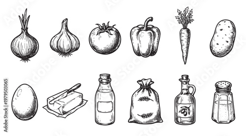 A black and white sketch of various fresh food ingredients, including vegetables, egg, butter, oil, and spices, perfect for culinary designs and menus.