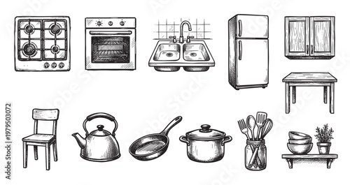 A collection of hand-drawn kitchen appliances and utensils in a sketchy black and white style, perfect for design or illustration projects.