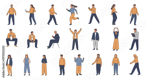 Flat vector people collection with 21 diverse characters. Casual men and women in various poses, walking, sitting, and standing. Modern human figure set for UI.
