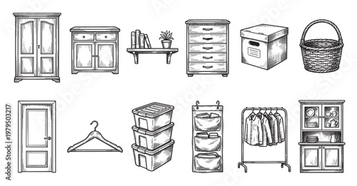 A collection of hand-drawn sketches of various furniture and storage items, including cabinets, drawers, boxes, baskets, and clothing racks.