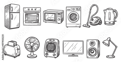 This black and white sketch illustrates a variety of common household appliances, including a refrigerator, oven, microwave, washing machine, vacuum cleaner, and kettle.