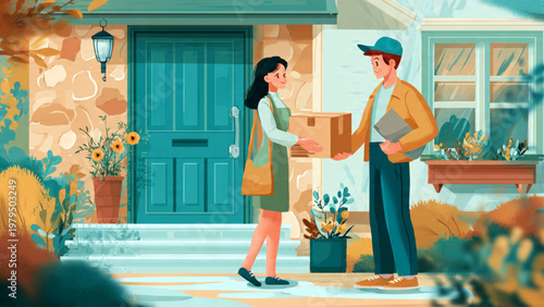 Courier delivers package to woman at residential doorstep outside house
