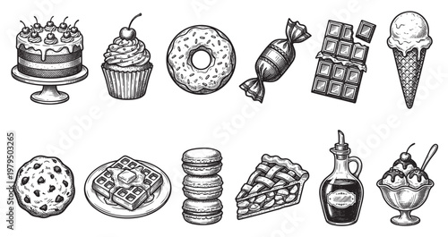 This black and white illustration features a collection of hand-drawn desserts including cake, cupcake, donut, candy, chocolate, ice cream, cookie, waffle, macarons, pie, and syrup.