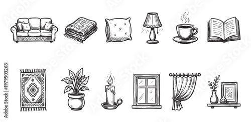 Collection of hand-drawn black and white sketch illustrations of cozy home interior elements, perfect for adding comfort and warmth to designs.