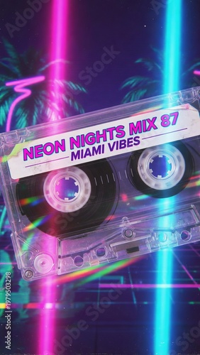 A cassette tape labeled Neon Nights Mix 87 is displayed on a colorful background. Bright neon lights shine in shades of pink and blue. Palm trees can be seen in the backdrop, retrowave 80s
