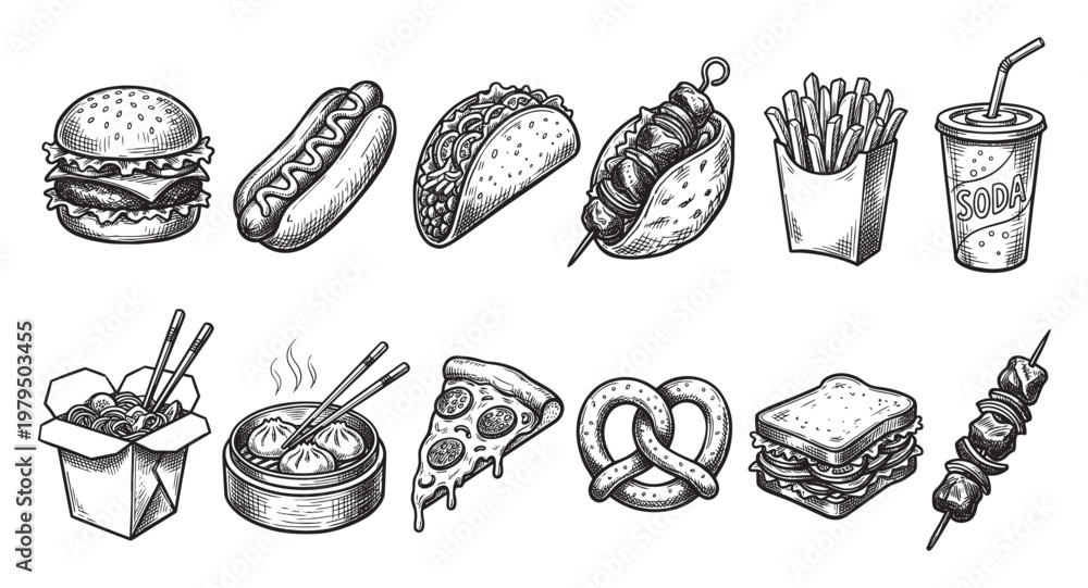 Obraz premium A collection of black and white hand-drawn illustrations of various fast food items like burgers, tacos, and pizza, perfect for design projects.