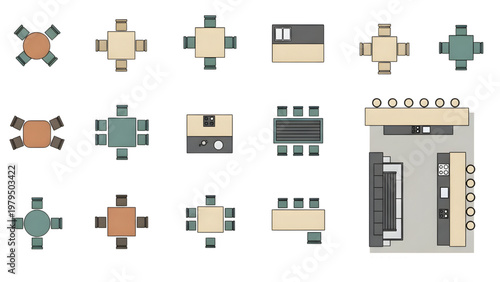 Top View Restaurant Furniture and Layout Symbols Vector Set Tables Chairs Kitchen Counters Bar Setup Flat Minimal Hospitality Floor Plan Design