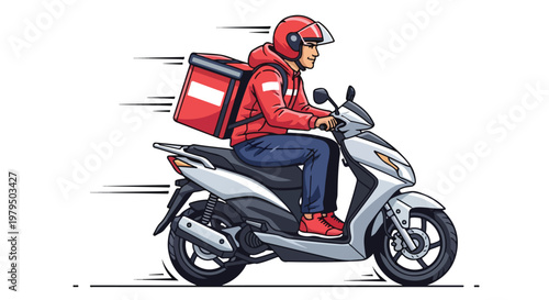 Fast food delivery courier riding a white scooter with a red thermal backpack. Professional delivery man on a motorbike vector. Express shipping service icon.