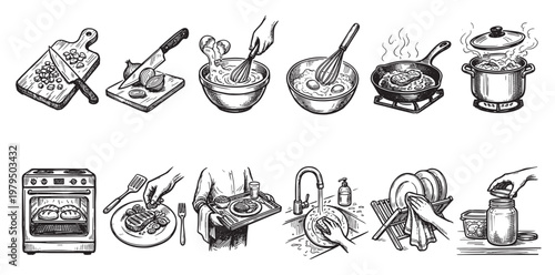 A collection of hand-drawn black and white illustrations depicting various kitchen activities, from food preparation and cooking to washing dishes and preserving food.