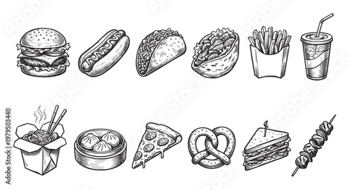 A vintage style illustration collection of hand-drawn fast food items and snacks in black and white on a white background, perfect for menus or food blogs.