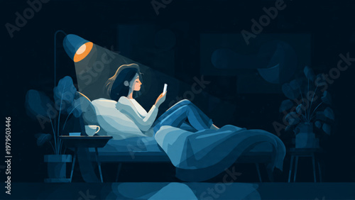 A woman lies on bed using smartphone at night with lamp