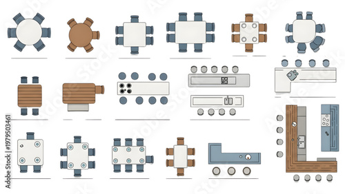 Top View Restaurant Furniture and Layout Symbols Vector Set Tables Chairs Kitchen Counters Bar Setup Flat Minimal Hospitality Floor Plan Design