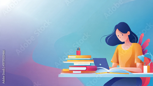 A student sits at a desk studying with books laptop and notes indoors