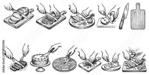 A collage of hand-drawn illustrations depicts hands chopping various foods like bread, meat, vegetables, fruit, cake, pizza, herbs, and cheese on cutting boards with knives.